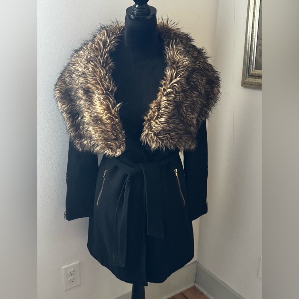 Buffalo David Bitton Elegant Black‎ Jackie wool Coat brown Faux Fur Collar Sz XS